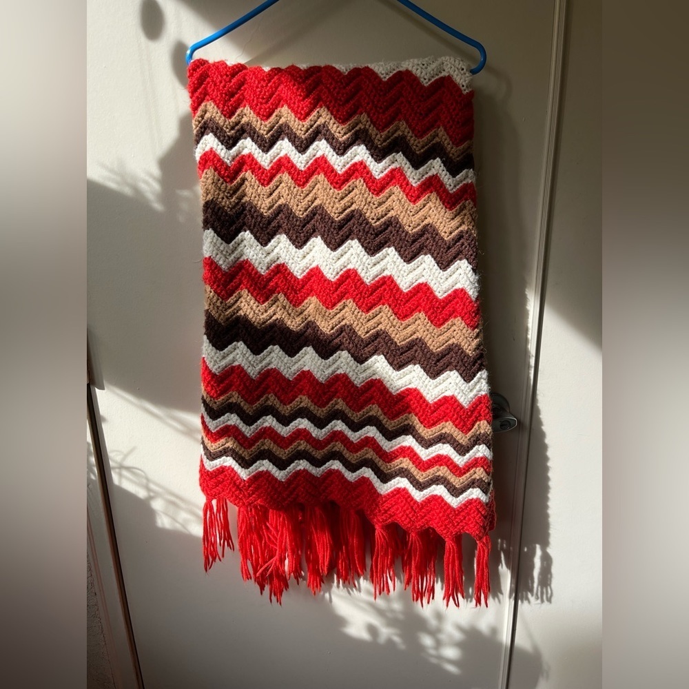 CROCHET MCM blanket - chevron, vintage, red, brown, fall